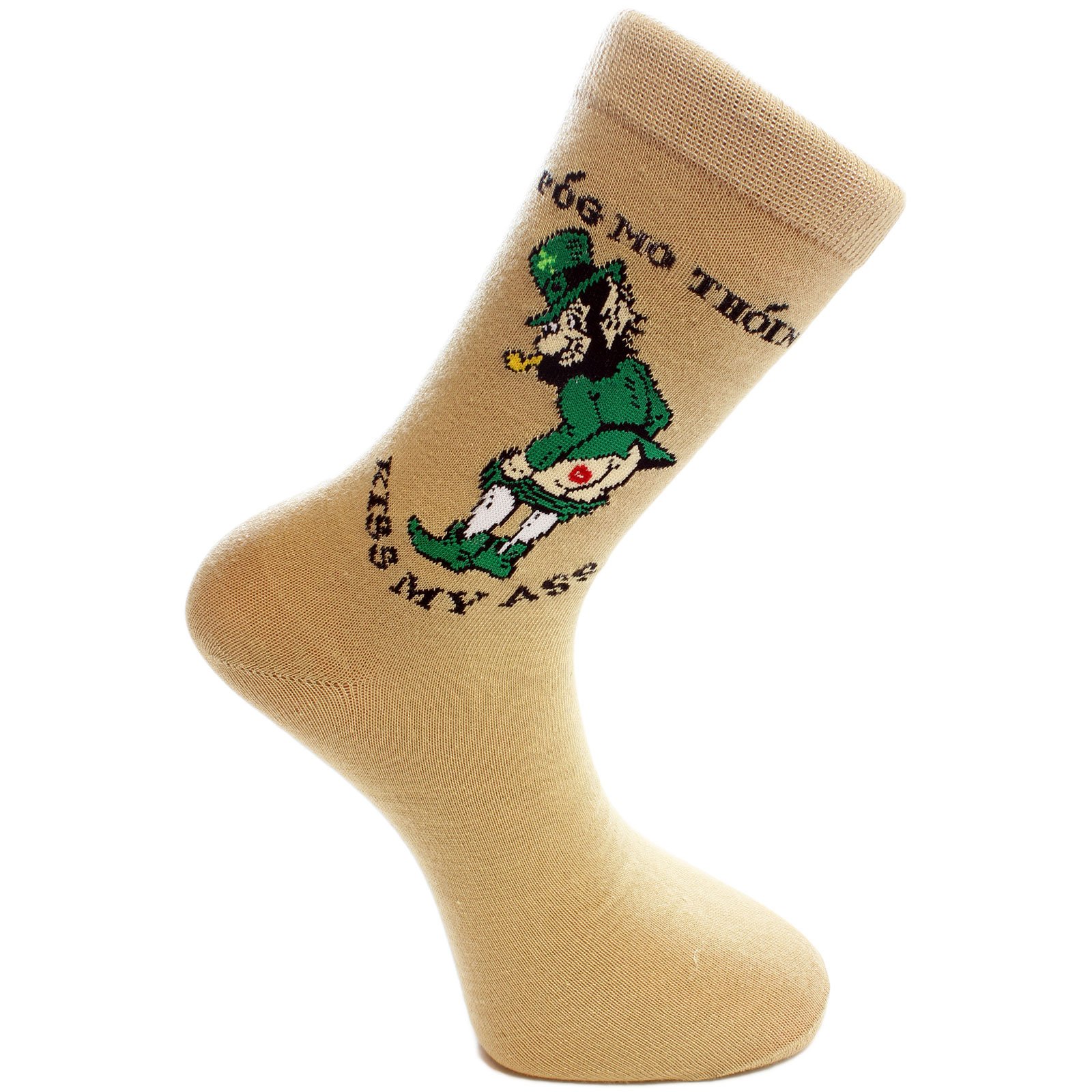 Beige Irish Socks With Pog Mo Thoin Kiss My Ass And Leprechaun Print